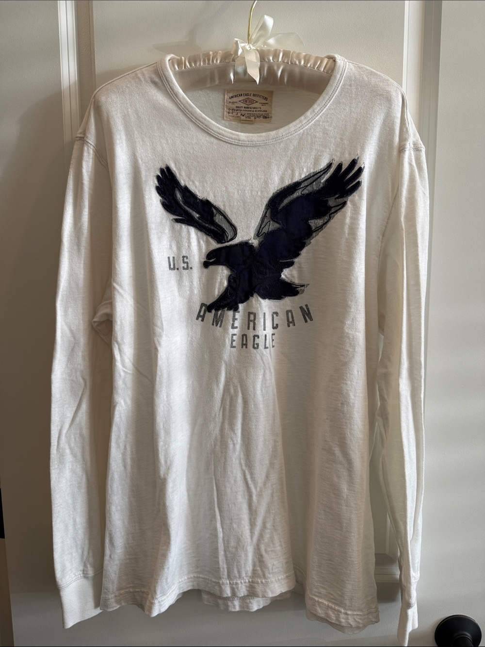 American Eagle Outfitters White Long Sleeve Tee with Navy Eagle Logo